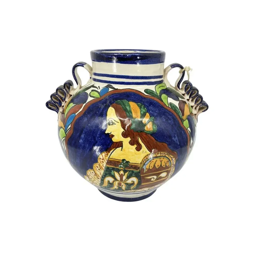 Talavera Vase Hand Painted Woman Pottery Jug Signed Venegas Mexico